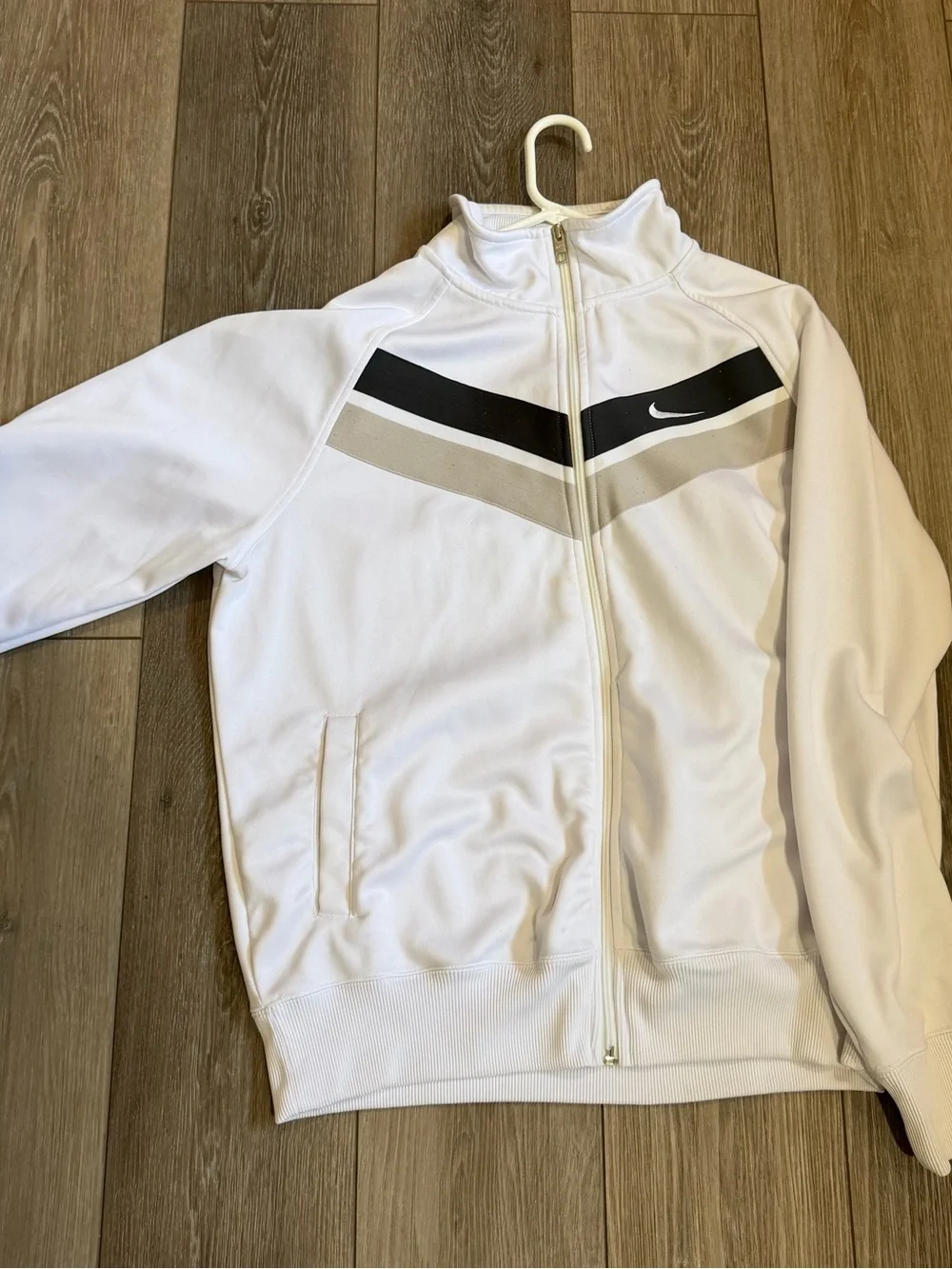 Nike White Track Jacket with Black & Gray Chevron Accents